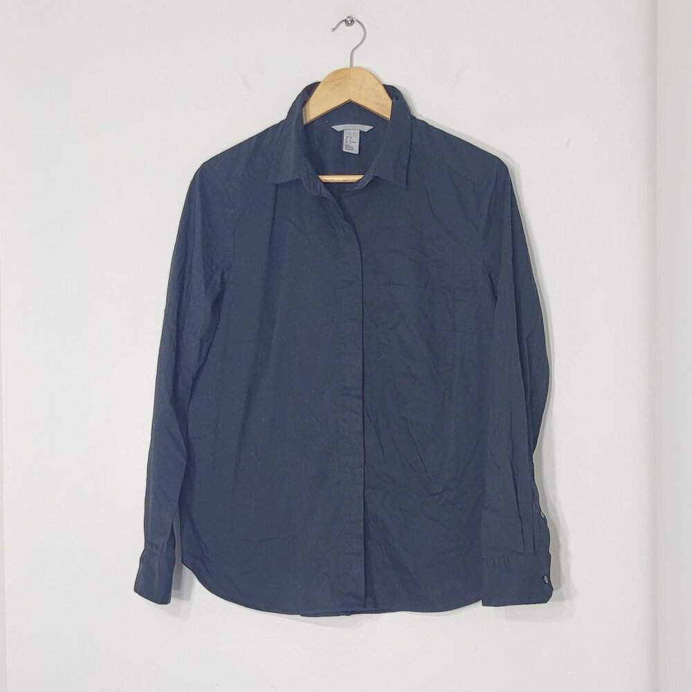H&M Black Cotton Blend Classic Long Sleeve Collared Button-Down Shirt Size 14